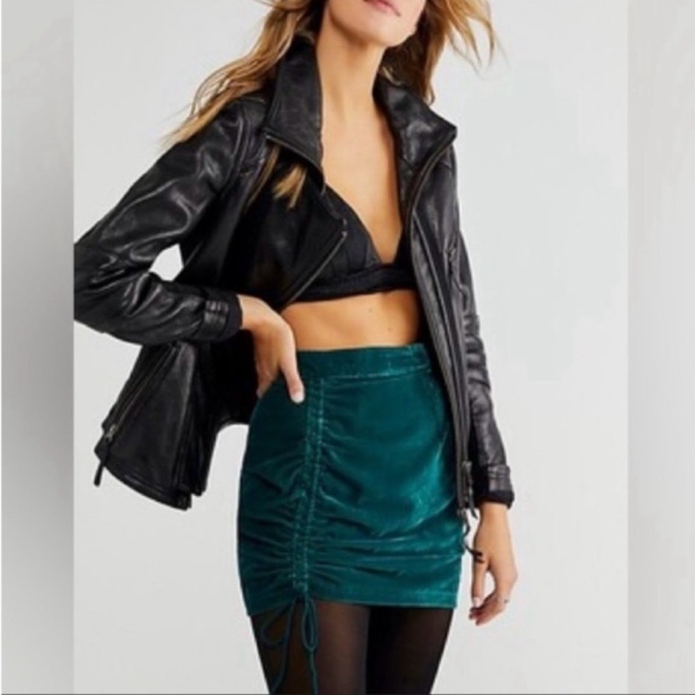 Free People Vivienne velvet mini skirt with ruched drawstring detail in green